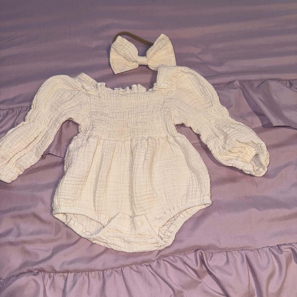 Cream Smocked Baby Romper with Matching Bow Headband